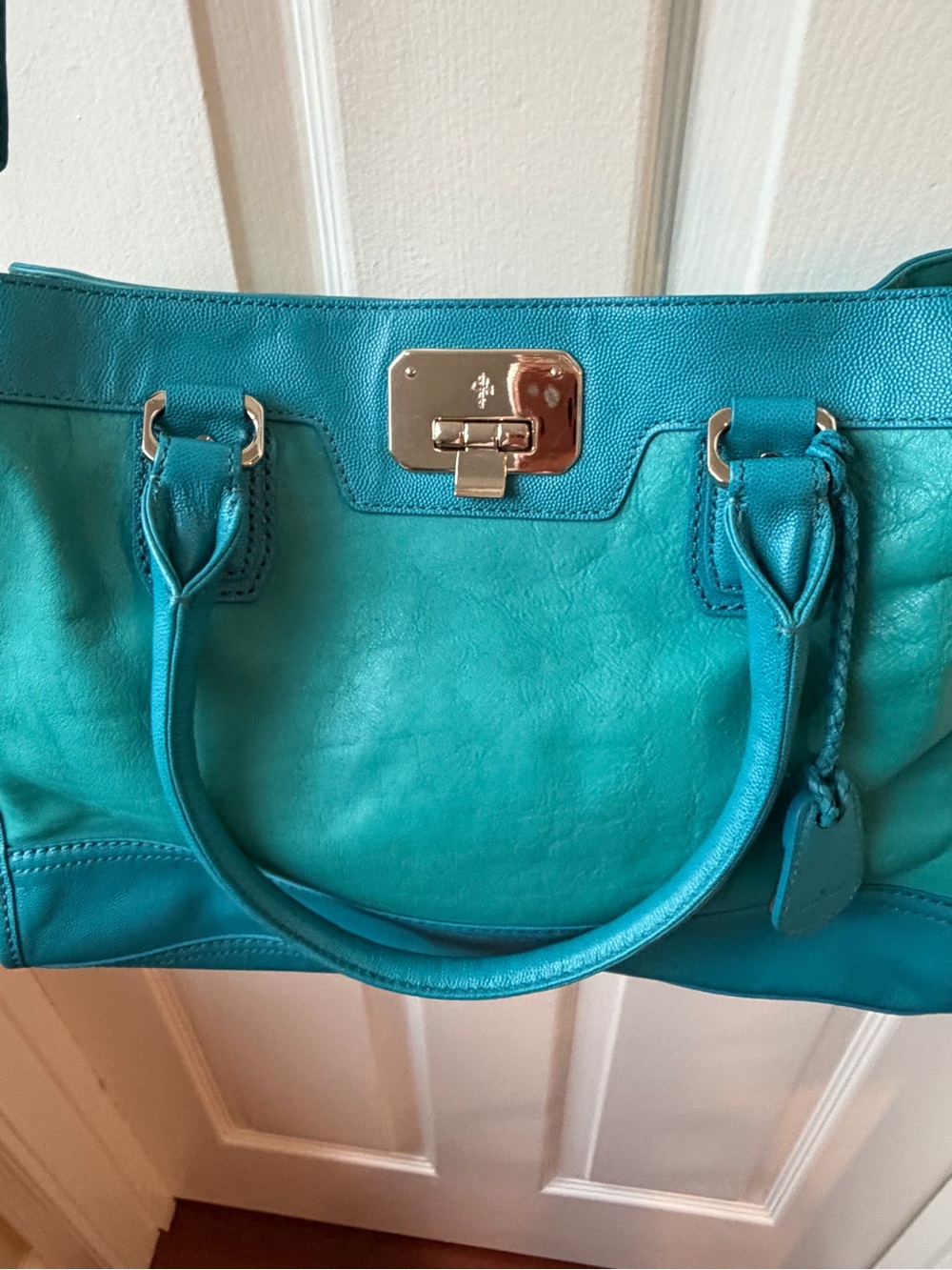 Cole Haan Turquoise Leather Shoulder Tote with Silver Hardware